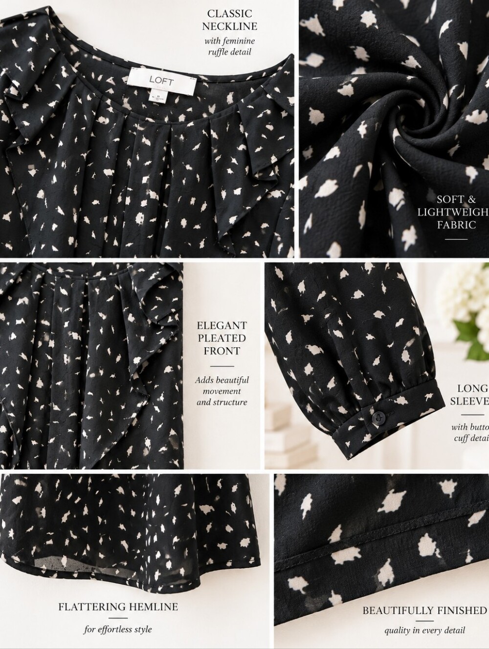 LOFT Black Ivory Abstract Print Ruffle Blouse Long Sleeve | Size Medium - Picture 3 of 9